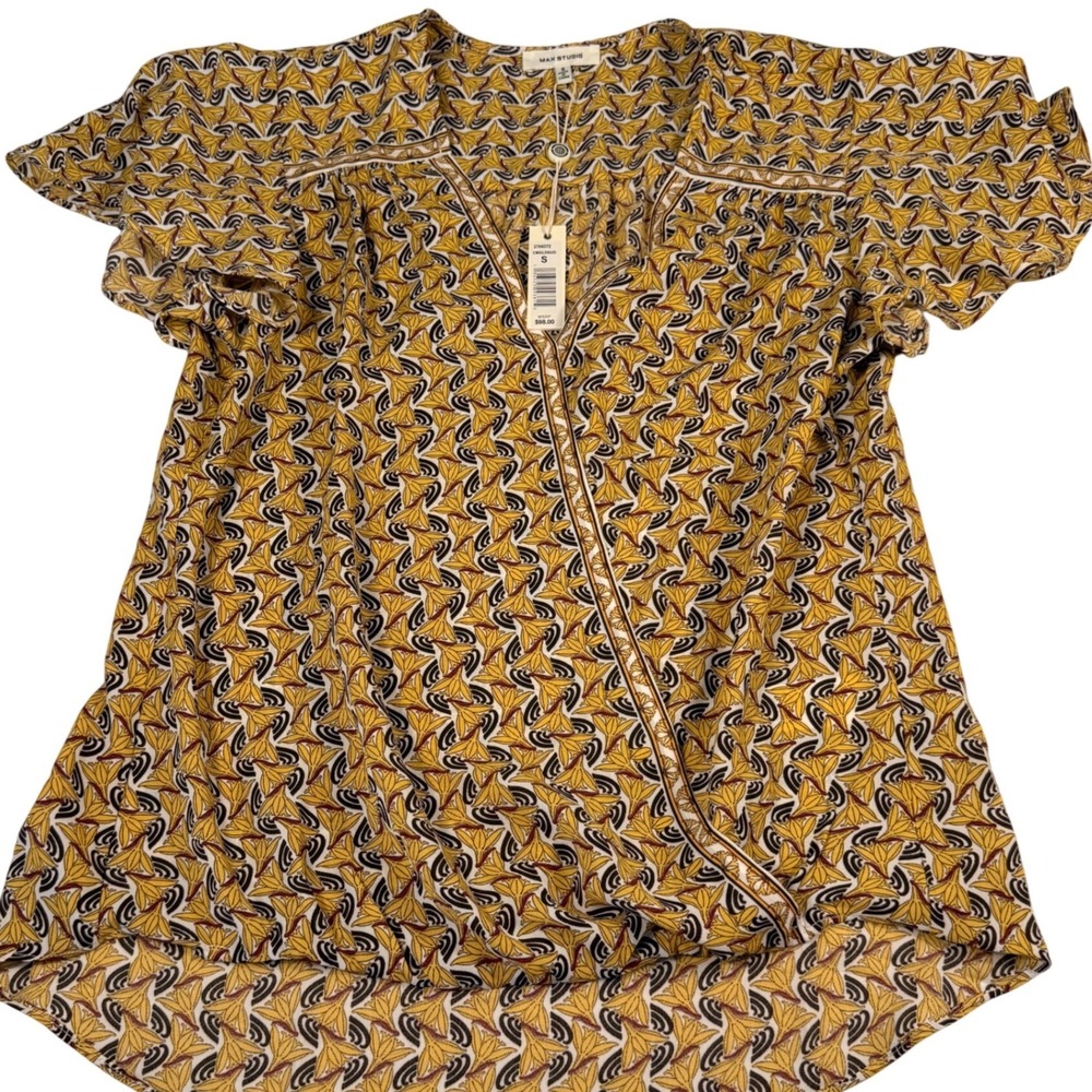 Max Studioβ Blouse S Yellow Geometric Floral Flutter Sleeve High Low NEW